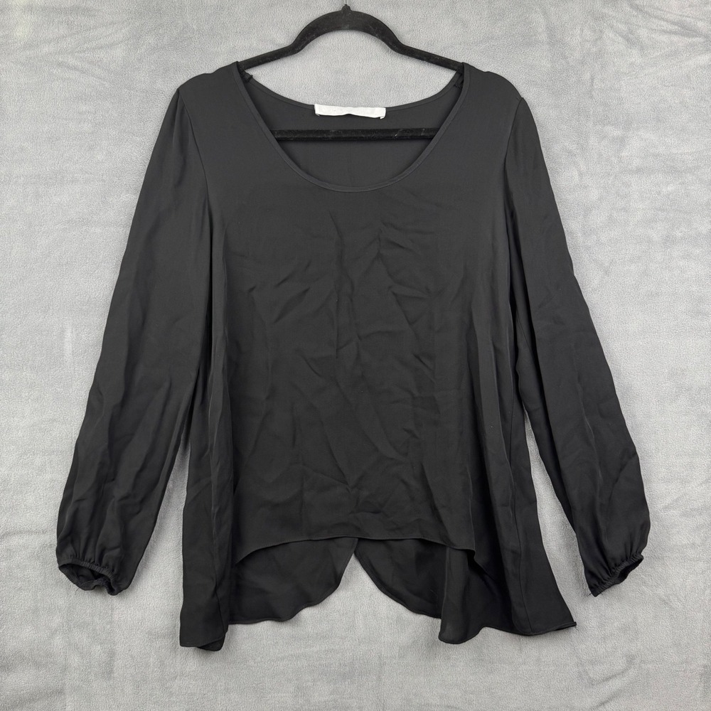 Lola & Sophie Black Silk Long Sleeve Top Flowy Hi-Lo Hem Scoop Neck Blouse S